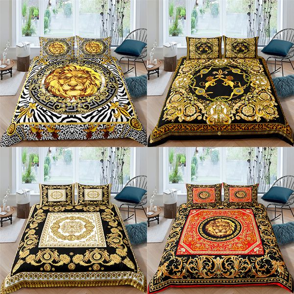 Домашний текстиль роскошный 3D Golden Lion Print Print Cover Set 2/3 PCS Pillowcase Детские постельные принадлежности Au/Eu/UK/US Queen и King Size 220611
