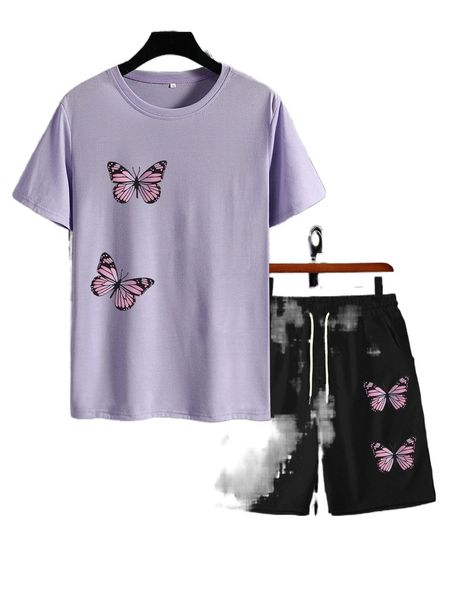 

men butterfly print tee & drawstring waist shorts g1py#, Gray