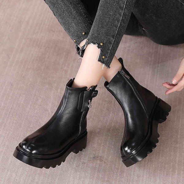 

slippers first layer leather martin boots women's autumn and winter slope heel single thick bottom large short tube f72j, Black