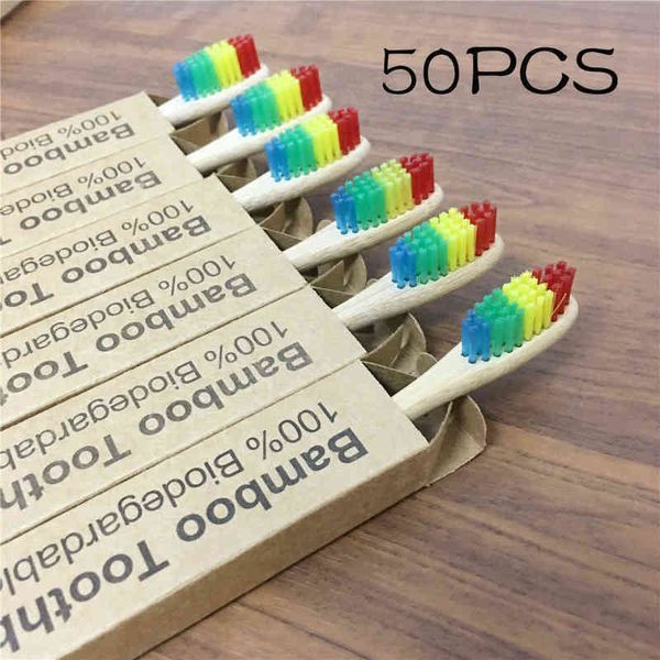 

toothbrush natural bamboo toothbrush environmental protection rainbow cork brush oral care suitcase 50 bags 0312
