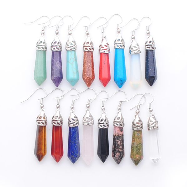 

hanging dangle earrings for women girls jewelry natural gemstones hexagonal pointed reiki chakra beads opal agate lapis lazuli amethyst earr, Silver