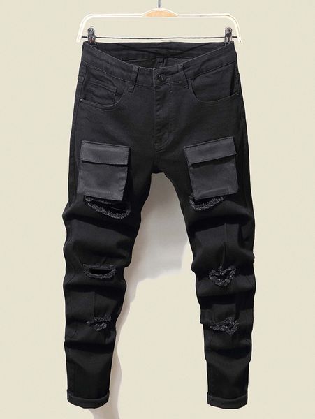 

men flap pocket ripped cargo jeans k6zq#, Blue