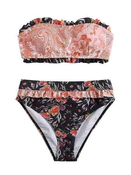 

paisley print frill trim bandeau bikini swimsuit d4b1#, White;black