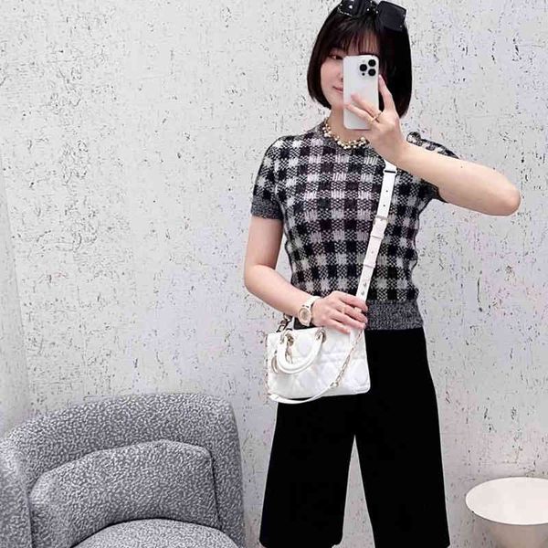 

women's knits & tees 22 year high version d family summer plaid round neck short sleeve mohair knitted sweater women 4s2p, White