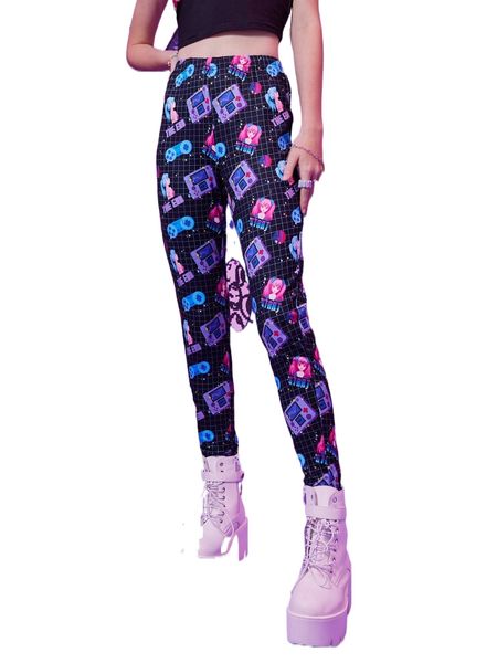 

romwe anime plaid figure print leggings 07at#, White;black