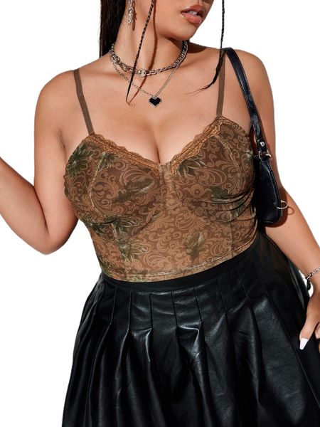 

plus allover floral print contrast lace crop cami c2xx#, Black