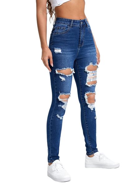 

ripped cut out skinny jeans 53kj#, Blue