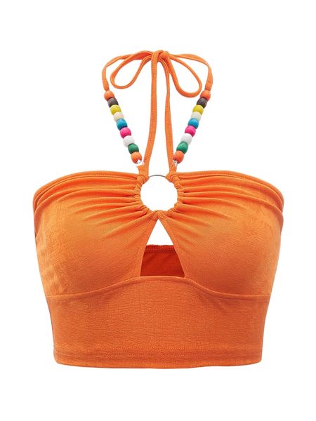 

bead decor o-ring cut out tie backless crop halter v4ga#, White