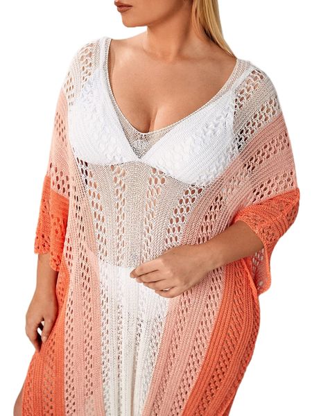 

plus open knit colorblock batwing sleeve cover up dress without bikini o315#, Black