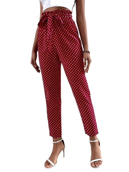 

polka dot paperbag waist belted pants u840#, Black;white