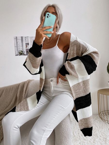 

color block open front batwing sleeve longline cardigan y8b9#, White;black