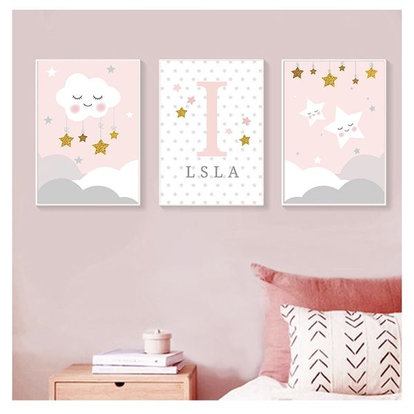 Pittura murale Nuvola Stelle Stampe su tela Nursery Art Poster Immagini a parete per la ragazza Room Decor Ragazze Nome personalizzato Poster Nordic 220623