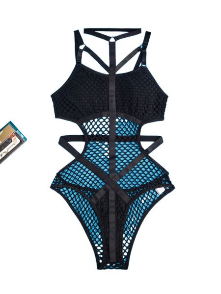 

romwe cyber luvr fish net criss cross teddy bodysuit k7g7#, Black;red