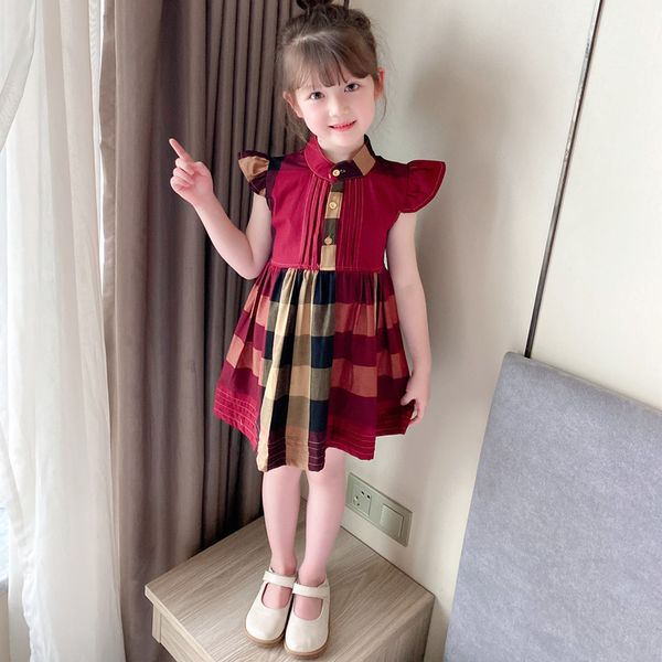 

2022 summer girls plaid fly sleeve dresses kids lapel lattice pleated dress children cotton clothing a8604, Red;yellow
