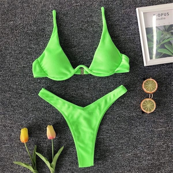 Sexy Underwire Bikini Conjunto feminino Solid Leopard Push Up Micro Swimsuit Summer Neon Green Bathing Suit Thong Swimwear Bioquini 220621