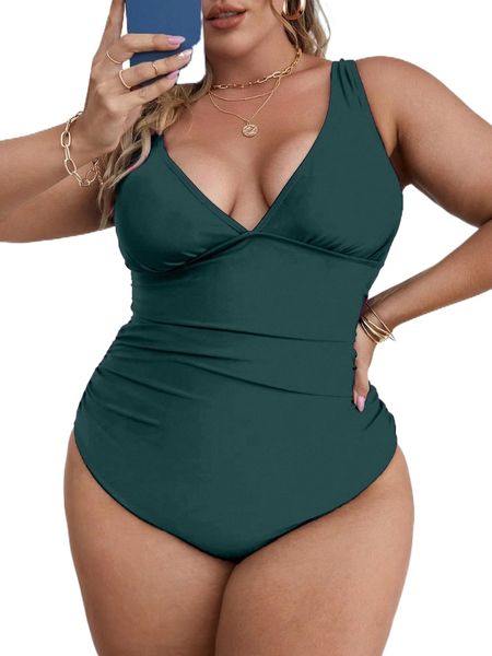 

plus plain ruched one piece swimsuit o5h7#, White;black