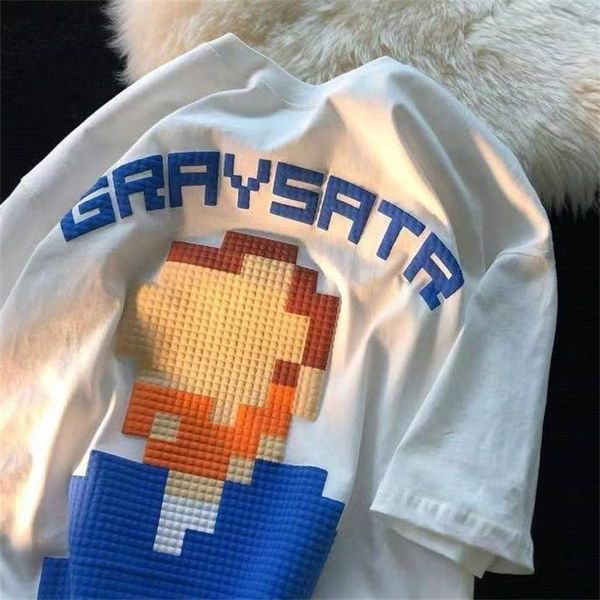 

summer new mens t-shirts casual particle pixel printing fashion loose retro round neck short sleeve popular simple solid color pullover brea, White;black