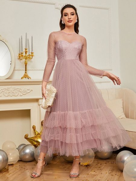 

contrast lace ruffle trim dot mesh prom dress 49gn#, Black;gray
