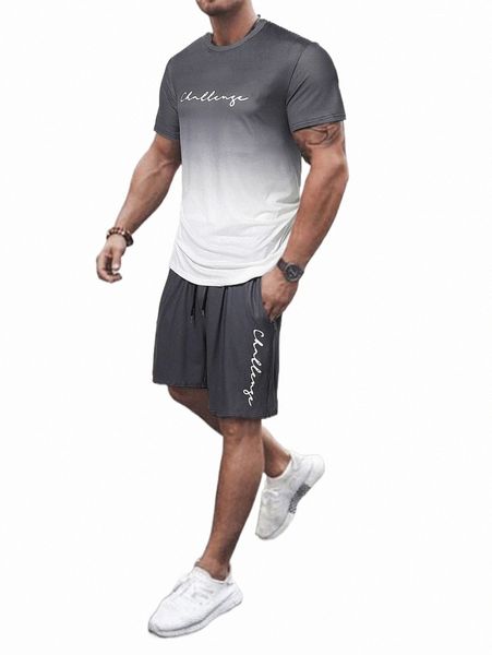 

men letter graphic ombre tee & drawstring waist shorts j7i1#, Gray