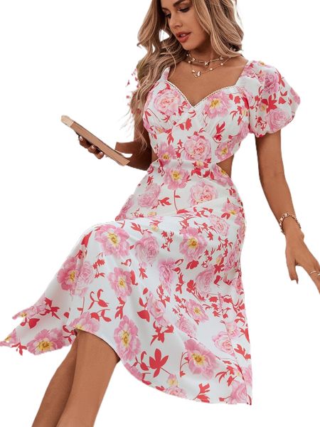 

random floral print circle lace trim tie backless dress t4ki#, Black;gray