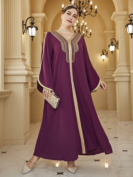 

plus plant embroidered contrast tape trumpet sleeve dress q2cl#, Black