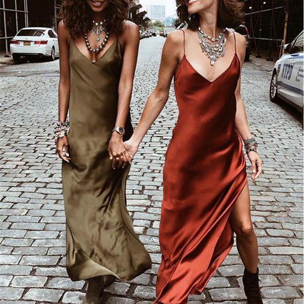 

insta satin v neck maxi dres strap sleeveless backless side split long dresses spring lady vestido 220628, Black;gray