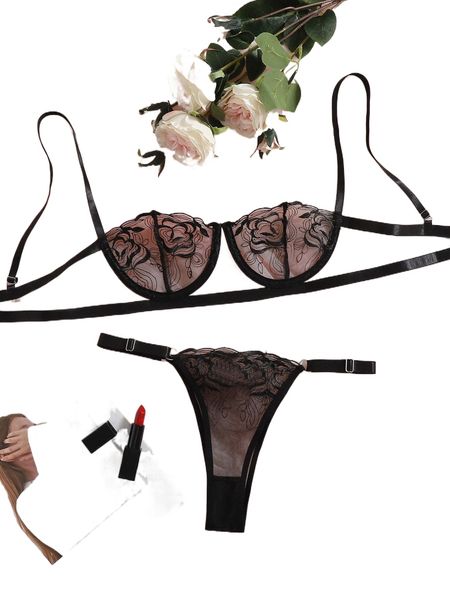 

floral mesh underwire lingerie set y1ky#, Black;red