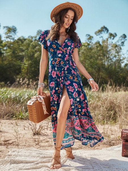 

floral print butterfly print knot side wrap dress o9jk#, Black;gray