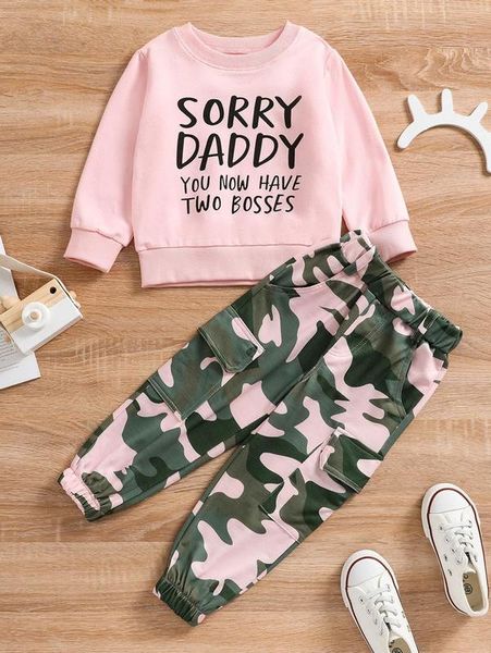 

toddler girls slogan graphic pullover & camo print flap pocket pants she, White