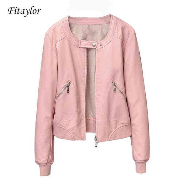 

fitaylor spring autumn faux leather jacket women o-neck zipper casual jackets female short biker coat s-4xl outwear l220728, Black