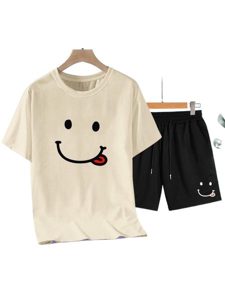 

men cartoon graphic tee & drawstring waist shorts 19z3#, Gray