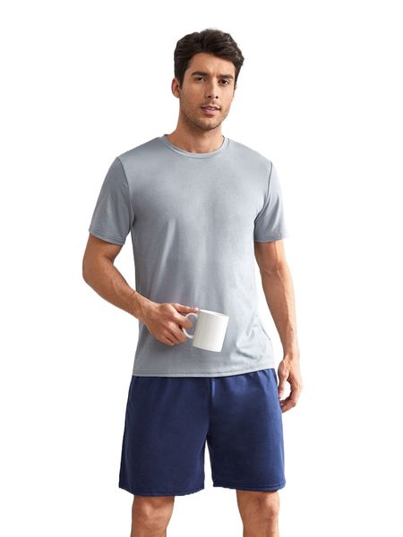 

men solid tee & shorts pj set h2ne#, Black;brown