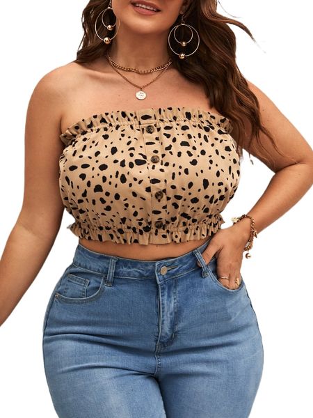 

plus allover print frill trim tube n6oi#, Black