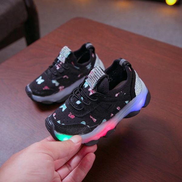 Athletic Outdoor 40 # Neonate Scarpe per bambini Farfalla con strass Maglia antiscivolo Traspirante Led Sneakers da corsa luminose Scarpe luminoseA