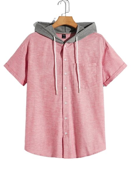 

men color block drawstring hooded shirt p70t#, White;black