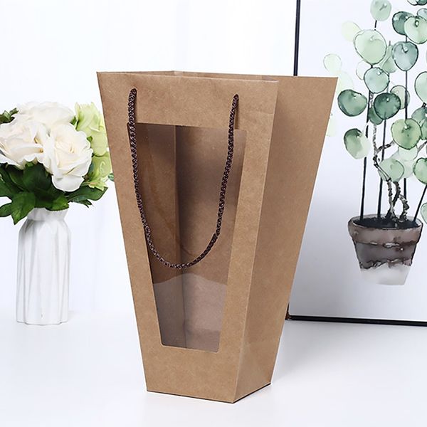 Sac d'emballage de fleurs avec fenêtre transparente forme trapézoïdale Portable boîtes d'emballage cadeau fleur cadeau sacs en papier Kraft décoration de la maison