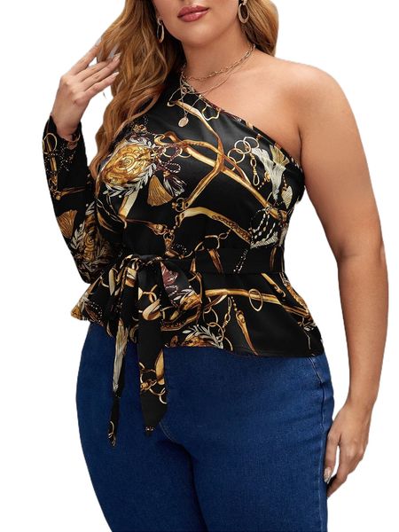 

plus chain print one shoulder belted blouse p7ux#, Black