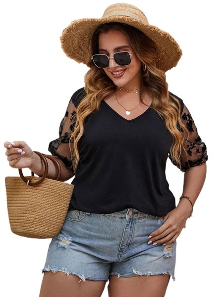 

plus appliques contrast mesh sleeve tee d7th#, Black