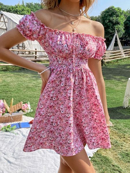 

off the shoulder frill trim ditsy floral knot detail dress y6ke#, Black;gray