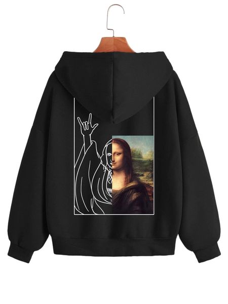 

figure graphic zip up thermal lined drawstring hoodie h0rl#, Black