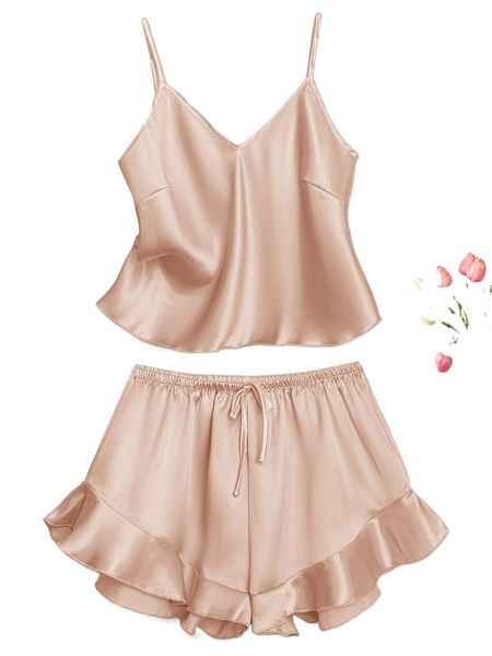 

satin cami & ruffle trim shorts pj set w0hl#, Black;red