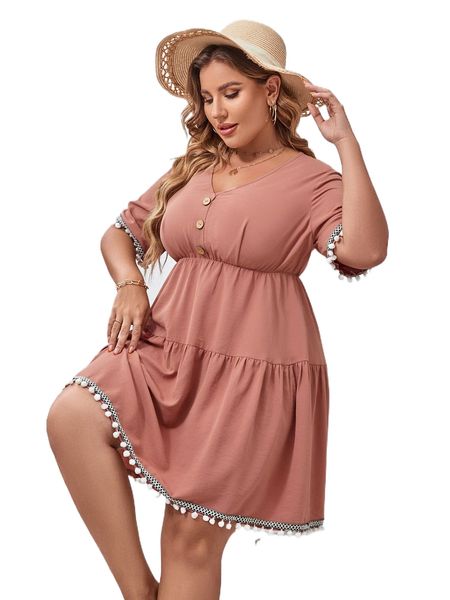 

plus contrast tape pom pom trim ruffle hem dress w027#, Black