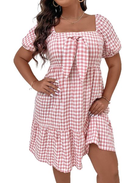 

plus gingham square neck puff sleeve tie front ruffle hem dress o0h0#, Black