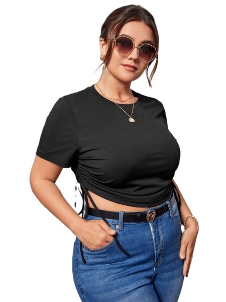 

plus drawstring side solid tee i7vt#, Black