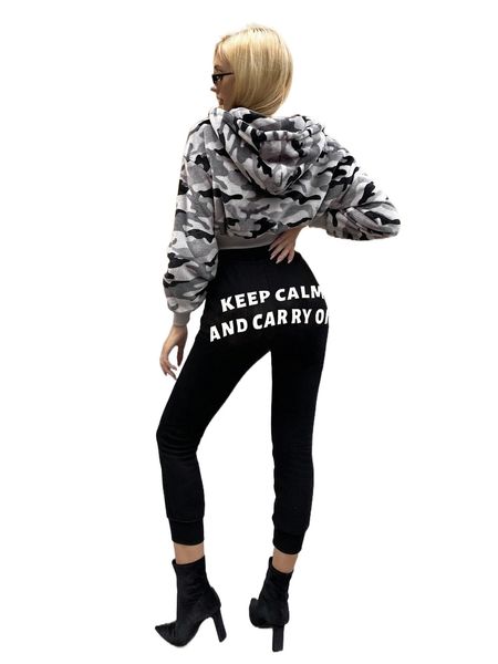 

meysi kim slogan graphic elastic waist cropped pants p5tm#, Black;white