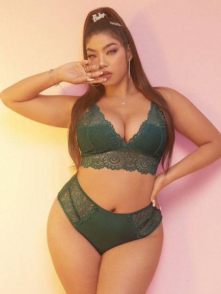 

plus floral lace lingerie set t43s#, Black;white