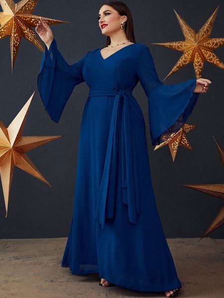 

plus flounce sleeve belted chiffon maxi dress 143u#, Black