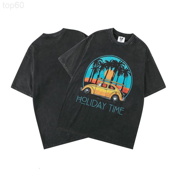 

men's t-shirts designer brand 260g double yarn cotton washing used t-shirt youth car direct spray process loose round neck 776q, White;black