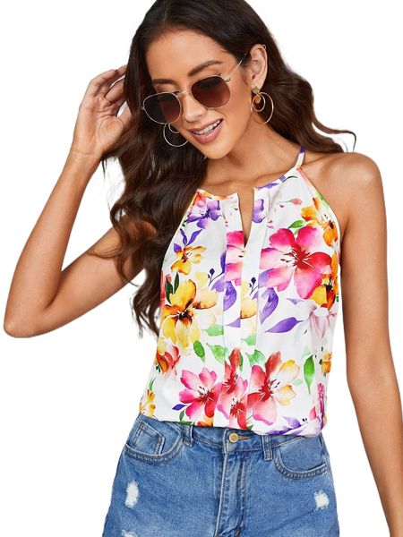 

floral print notched halter 59cs#, White