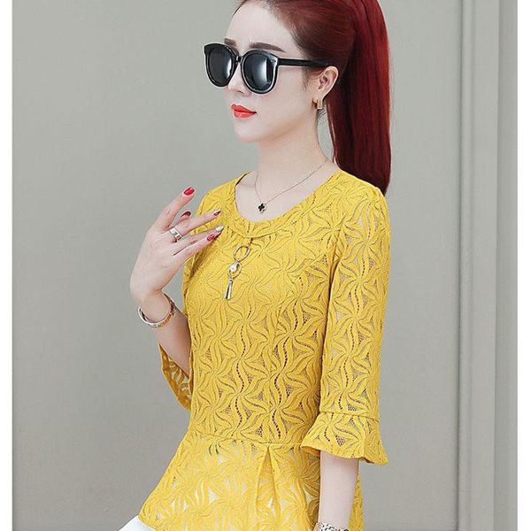 Frauen Blusen Shirts Tops Blusas Feminina Koreanische Frühling Herbst Frauen Vestidos Süße Lose Halbe Hülse Gelb Spitze Weibliche DF2637